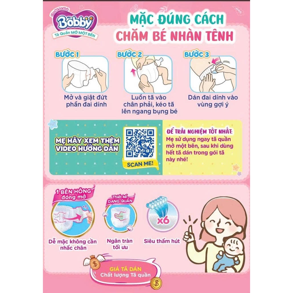 Tã / bỉm quần Mở Một Bên Bobby dễ mặc cho bé sơ sinh NB-s/S-m NPP Song Vũ