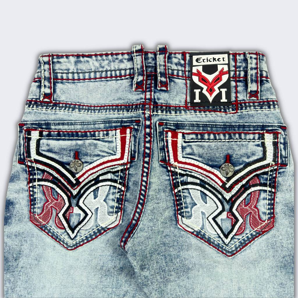 Quần Jeans Rock Cao Cấp Thêu Họa Tiết Chỉ Đỏ - Jeans Cao Cấp Form Slimfit Nút Kim Loạị Sang Trọng R1