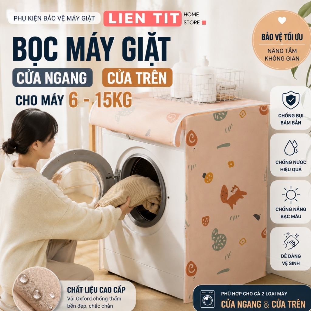 Bọc Máy Giặt Cửa Ngang Cửa Trên Chống Bụi Chống Nước Loại Dày , Áo Trùm Máy Giặt Che Phủ Kín Thân