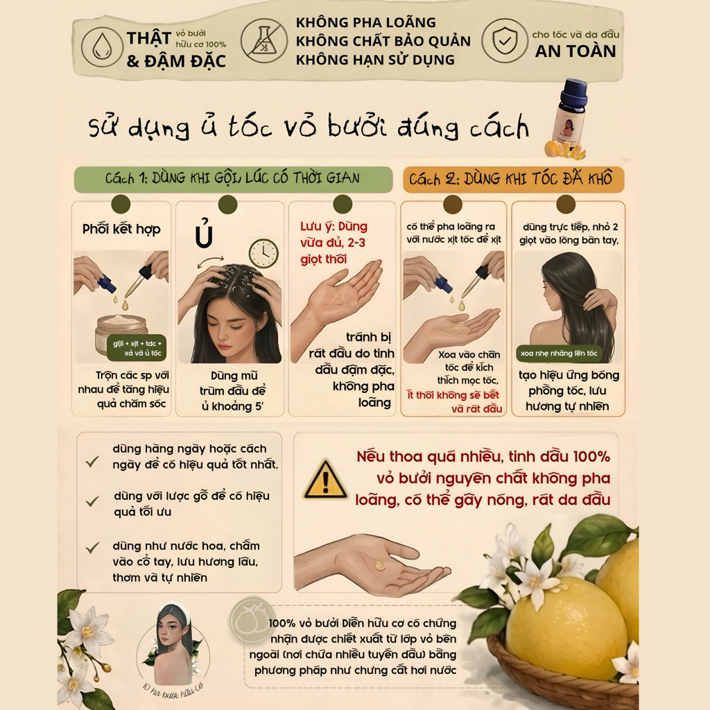 [𝟭𝟬𝗵𝗮buoihuuco] 10 ml Ủ TÓC VỎ BƯỞI - 100% tinh dầu vỏ bưởi hữu cơ siêu đậm đặc giúp Mọc Tóc Nhanh