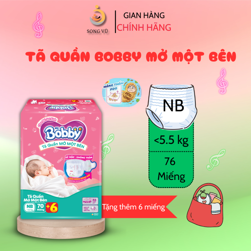Tã / bỉm quần Mở Một Bên Bobby dễ mặc cho bé sơ sinh NB-s/S-m NPP Song Vũ