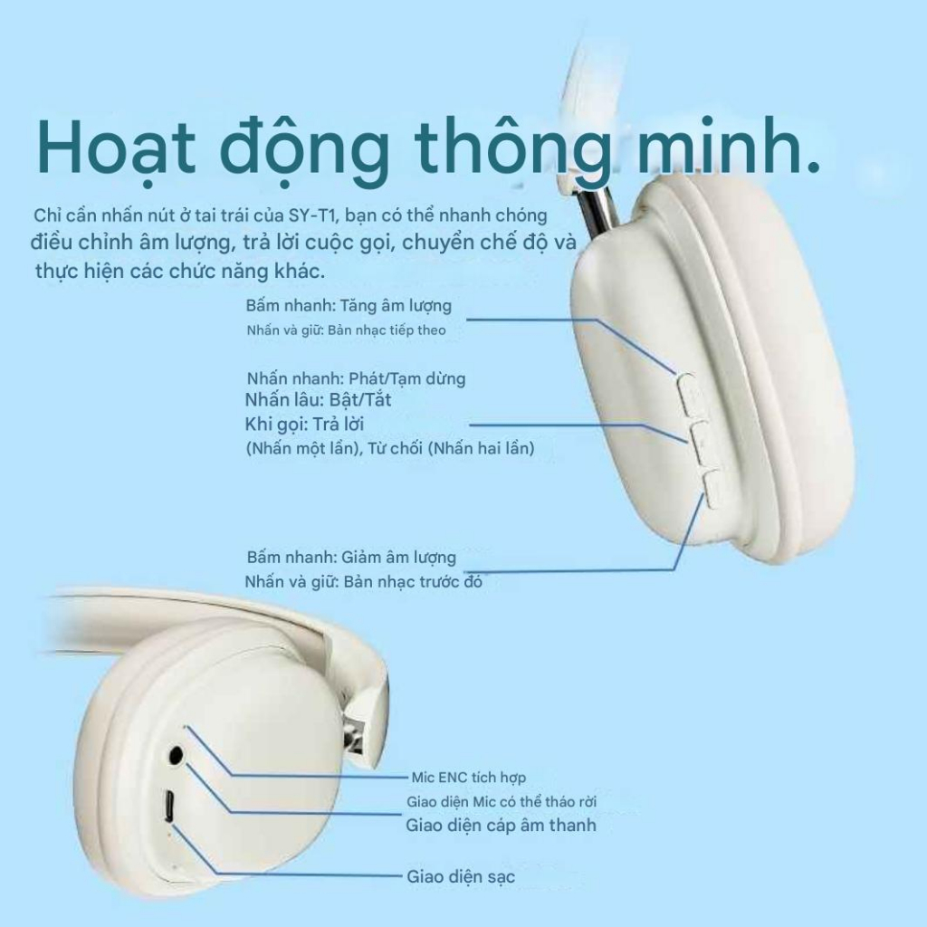 Tai nghe Chụp tai Bluetooth SYT1- Âm Thanh HiFi &Chống Ồn Chủ Động, Kèm Mic Rời Kết Nối Pin Trâu 20H - ảnh 9