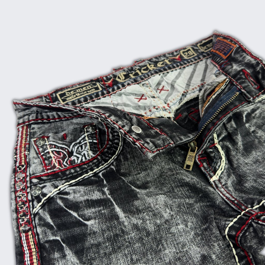 Quần Jeans Rock Cao Cấp Thêu Họa Tiết Chỉ Đỏ - Jeans Cao Cấp Form Slimfit Nút Kim Loạị Sang Trọng R1