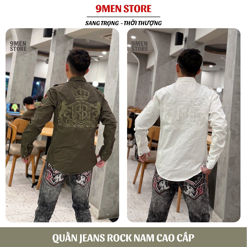 Quần Jeans Rock Cao Cấp Thêu Họa Tiết Chỉ Đỏ - Jeans Cao Cấp Form Slimfit Nút Kim Loạị Sang Trọng R1