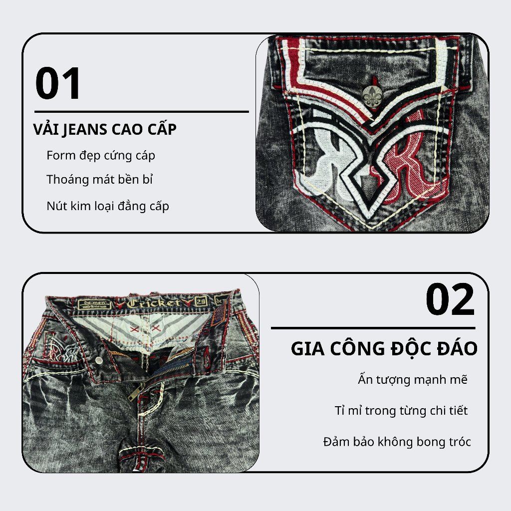 Quần Jeans Rock Cao Cấp Thêu Họa Tiết Chỉ Đỏ - Jeans Cao Cấp Form Slimfit Nút Kim Loạị Sang Trọng R1