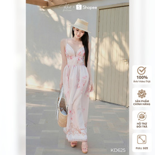 Đầm maxi Khiết Style hoa biếc hồng pastel cổ V xoắn ngực bay bổng nữ tính sang chảnh KD625