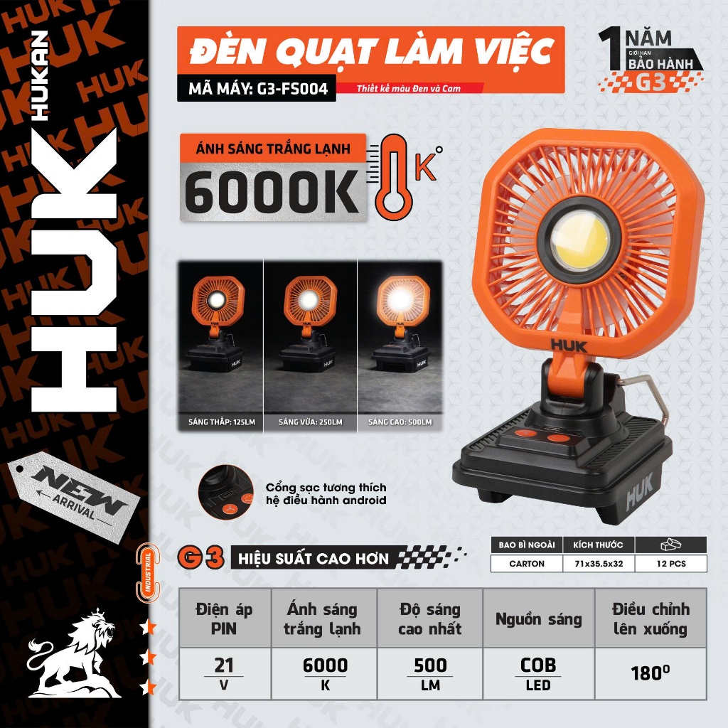 Thân Quạt Để Bàn Tích Hợp Đèn LED HUKAN G3-FS004| Điện áp 21V | Type-C | Quạt Pin Có Đèn LED COB | Xoay 180°