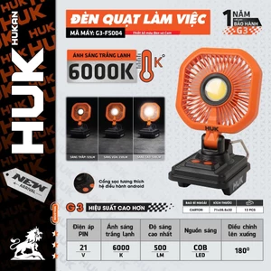 Thân Quạt Để Bàn Tích Hợp Đèn LED HUKAN G3-FS004| Điện áp 21V | Type-C | Quạt Pin Có Đèn LED COB | Xoay 180°