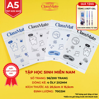 Tập Học Sinh Miền Nam Kẻ 4 Ô Ly A5 96/ 200 Trang CLASSMATE Vở Ô Li 2x2mm Giấy 70gsm Bìa Dày Chống Nước NA5-09-022/023