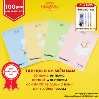 Tập Học Sinh Kẻ 4 Ô Ly Size A5 96 Trang CLASSMATE Bank Me 100gsm Giấy Tráng Keo Chống Thấm Nhòe NA5-09-015