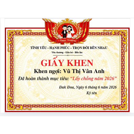 (Mẫu mới)SIÊU KHỔNG LỒ _ GIẤY KHEN MỪNG CƯỚI in theo yêu cầu