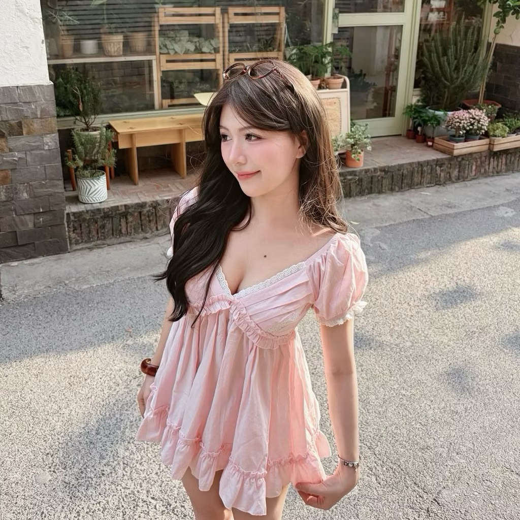 | LYN WEAR | (HOẢ TỐC) Áo babydoll nữ cổ V xếp tầng phối ren tay ngắn dáng xòe dễ thương