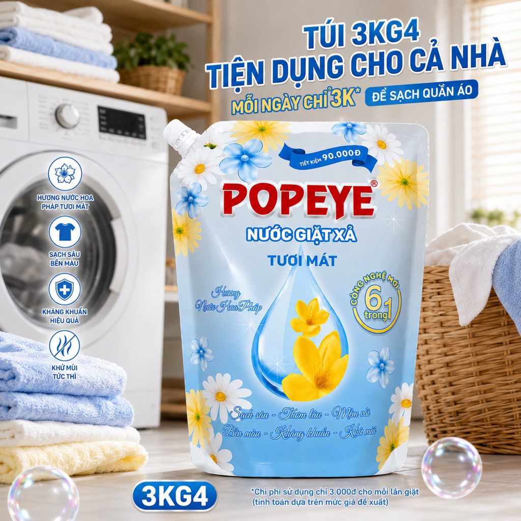 [Combo 2 Túi] Nước Giặt Xả POPEYE 6KG6 - Lưu Hương Bền Màu