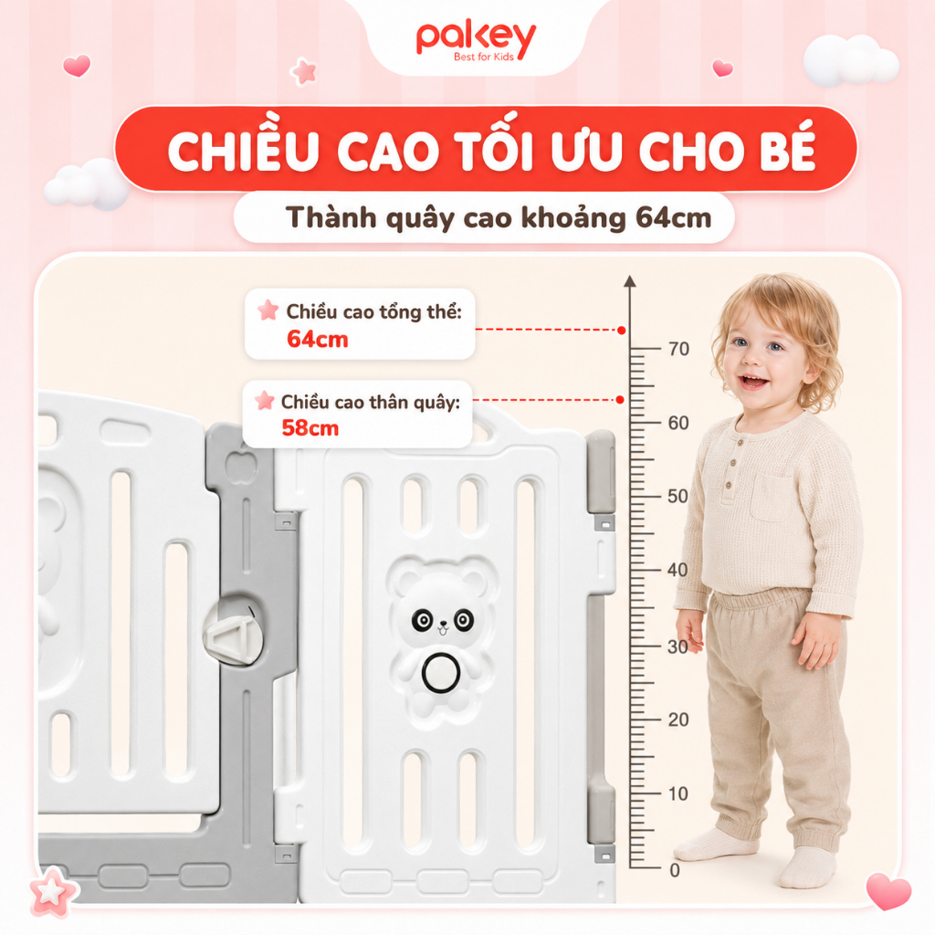 Quây Cũi Nhựa PAKEY Tặng Thảm + Bóng + Giỏ Bóng, Quây Cũi Nhựa Cho Bé Little Bear An Toàn Dày Dặn