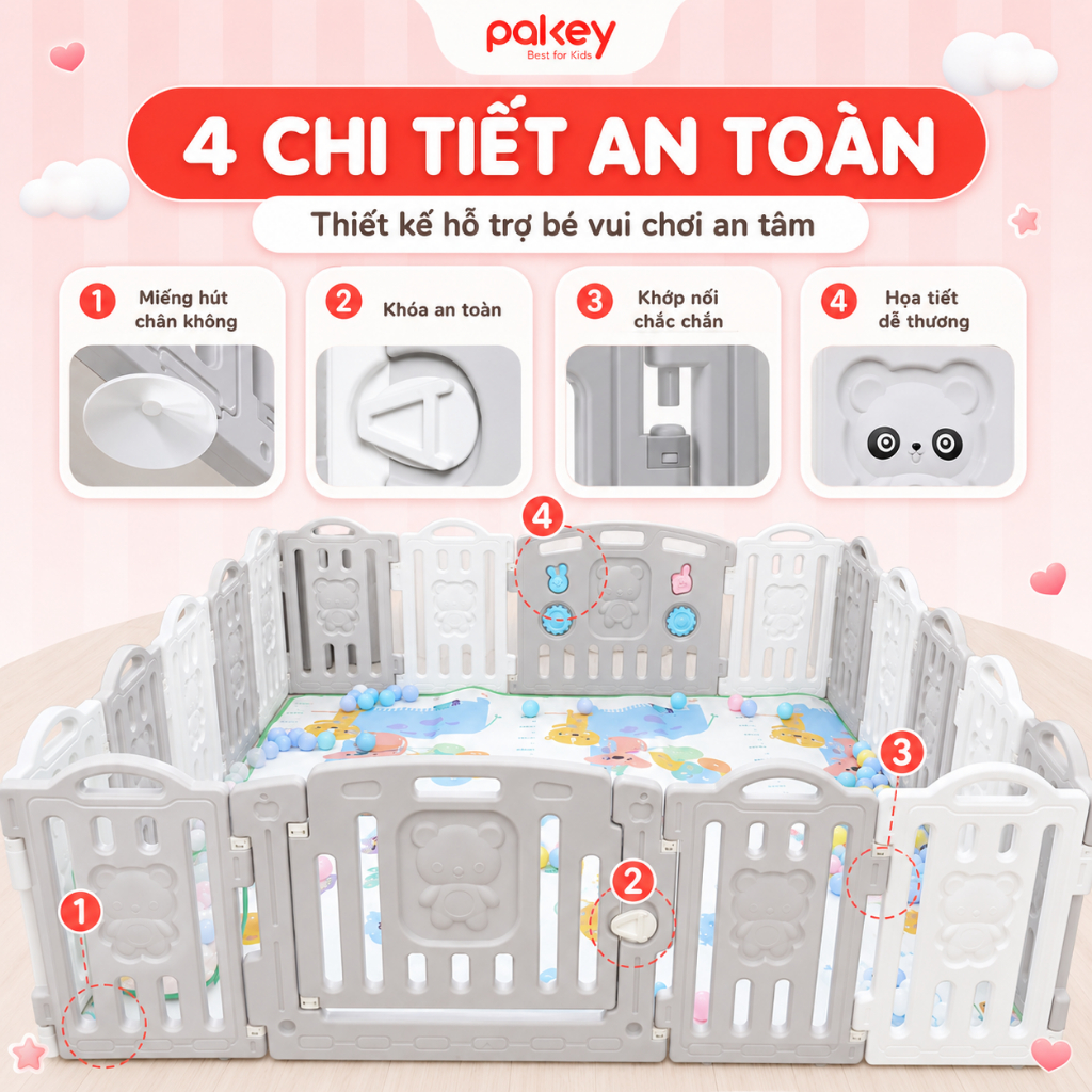 Quây Cũi Nhựa PAKEY Tặng Thảm + Bóng + Giỏ Bóng, Quây Cũi Nhựa Cho Bé Little Bear An Toàn Dày Dặn