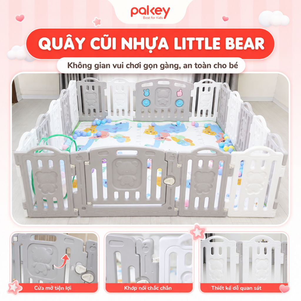 Quây Cũi Nhựa PAKEY Tặng Thảm + Bóng + Giỏ Bóng, Quây Cũi Nhựa Cho Bé Little Bear An Toàn Dày Dặn