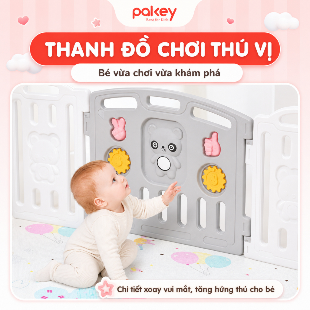 Quây Cũi Nhựa PAKEY Tặng Thảm + Bóng + Giỏ Bóng, Quây Cũi Nhựa Cho Bé Little Bear An Toàn Dày Dặn