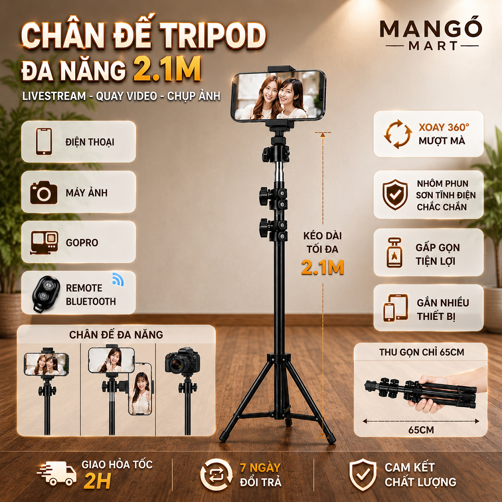 Chân Giá Đỡ Tripod Điện Thoại 3 Chân Để Chụp Ảnh, Quay Video, Livestream, Selfie