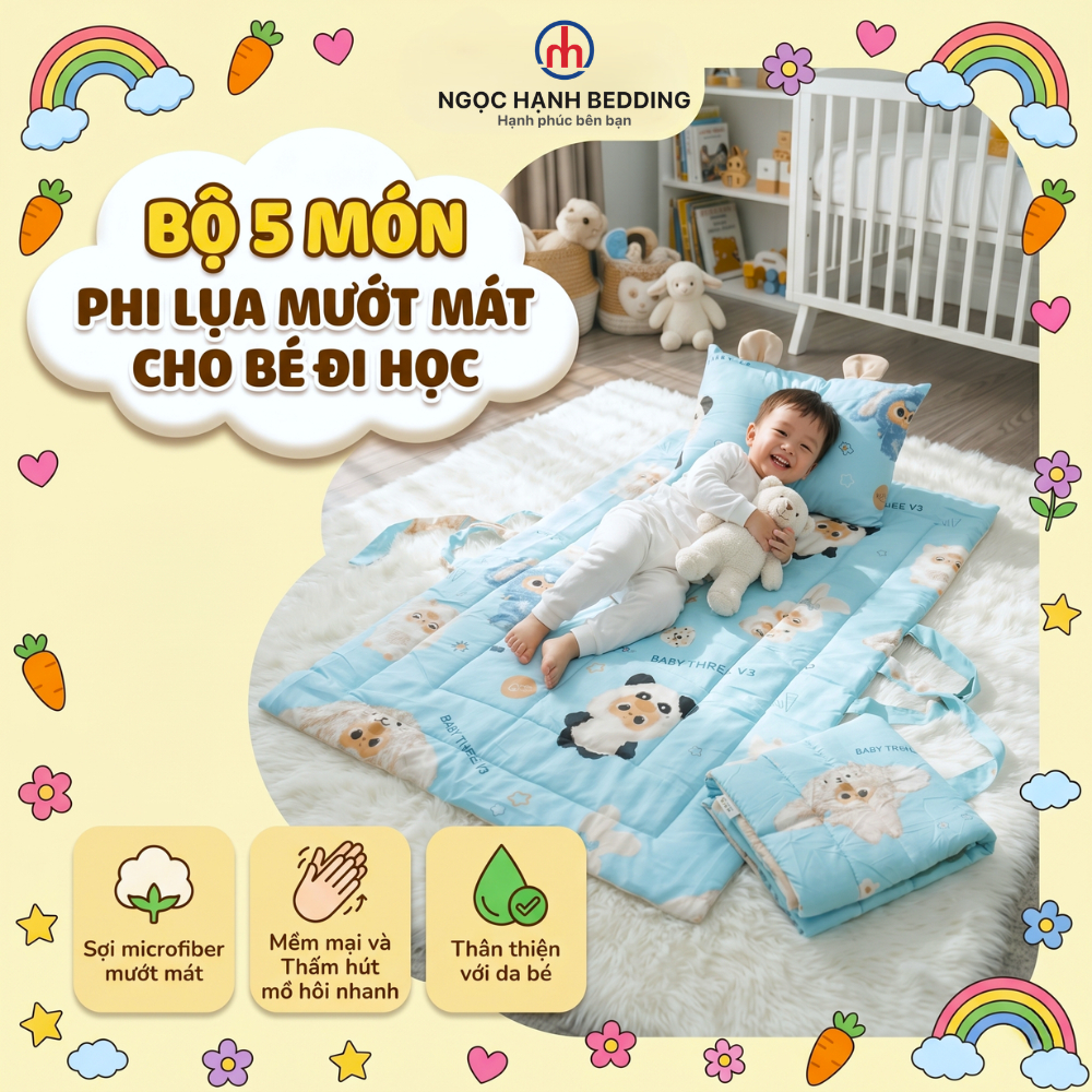 [Mẫu Mới] Bộ ga gối cho bé đi học 5 món Ngọc Hạnh Bedding, chất phi lụa Microfiber mướt mát, thấm hút mồ hôi, an toàn