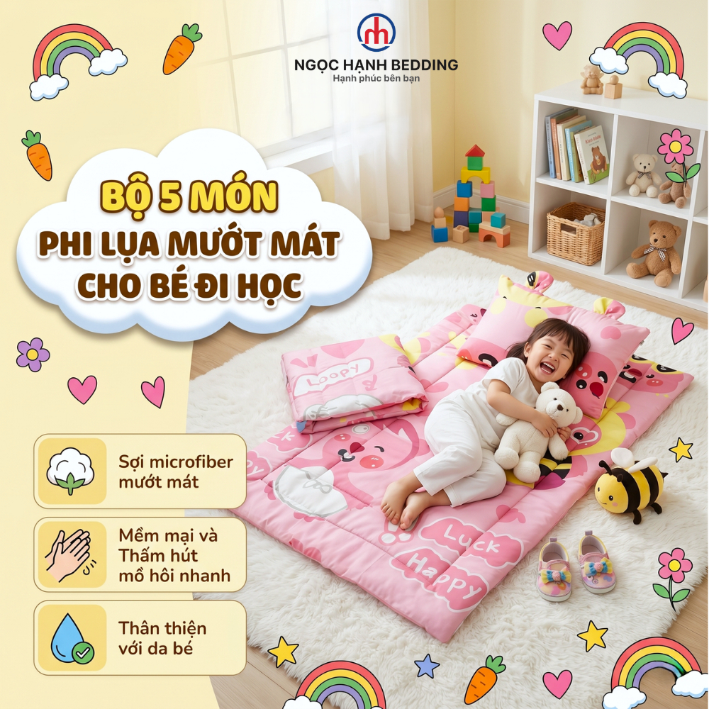 [Mẫu Mới] Bộ ga gối cho bé đi học 5 món Ngọc Hạnh Bedding, chất phi lụa Microfiber mướt mát, thấm hút mồ hôi, an toàn