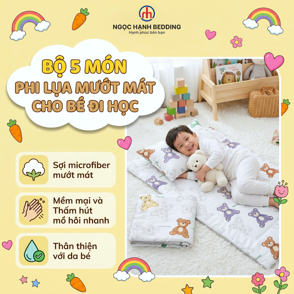 [Mẫu Mới] Bộ ga gối cho bé đi học 5 món Ngọc Hạnh Bedding, chất phi lụa Microfiber mướt mát, thấm hút mồ hôi, an toàn