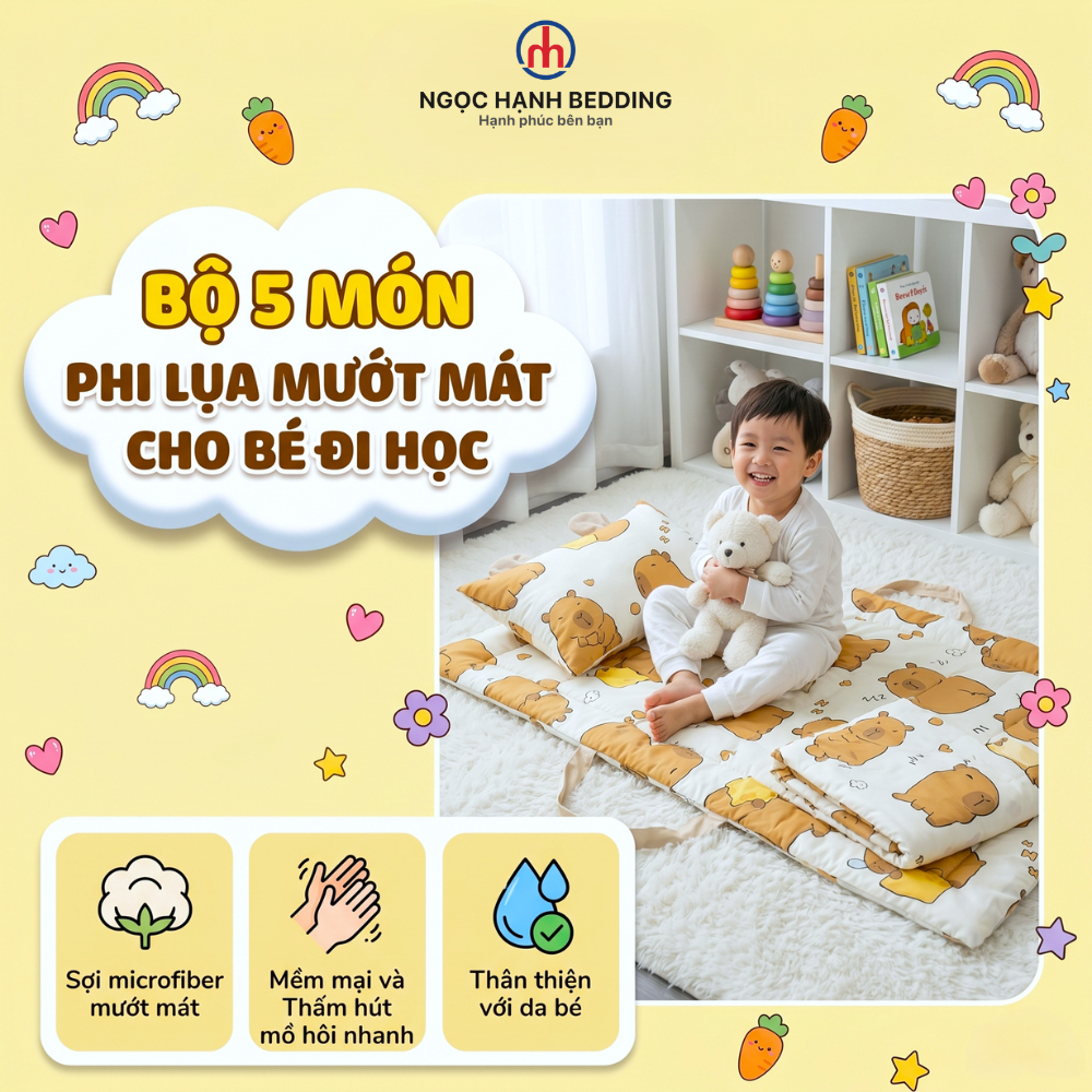 [Mẫu Mới] Bộ ga gối cho bé đi học 5 món Ngọc Hạnh Bedding, chất phi lụa Microfiber mướt mát, thấm hút mồ hôi, an toàn
