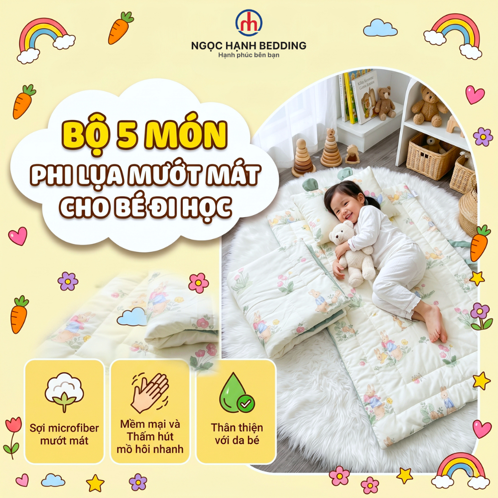 [Mẫu Mới] Bộ ga gối cho bé đi học 5 món Ngọc Hạnh Bedding, chất phi lụa Microfiber mướt mát, thấm hút mồ hôi, an toàn