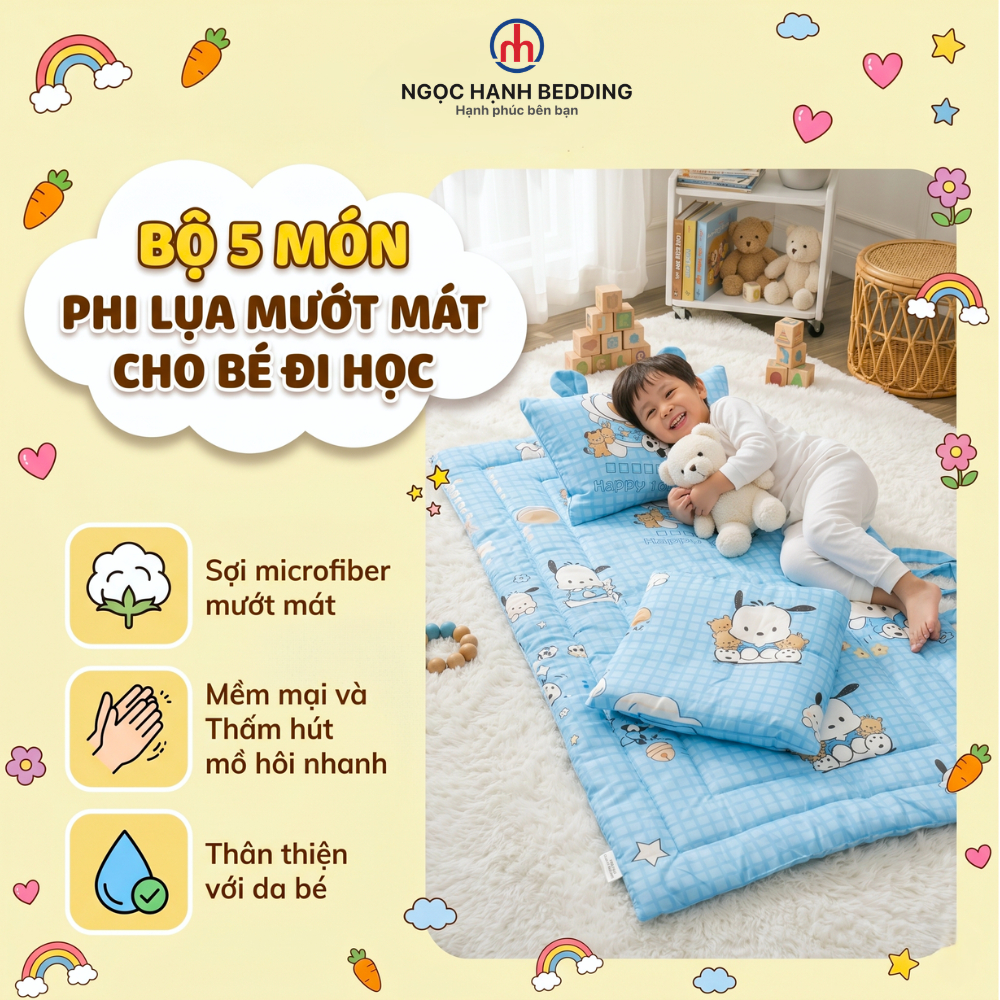 [Mẫu Mới] Bộ ga gối cho bé đi học 5 món Ngọc Hạnh Bedding, chất phi lụa Microfiber mướt mát, thấm hút mồ hôi, an toàn