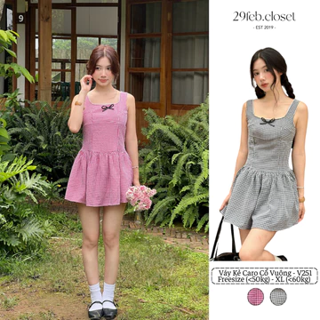 Váy kẻ caro nơ cổ vuông dễ thương dành cho mùa hè, Váy kẻ caro dáng ngắn - 29feb.closet – V251