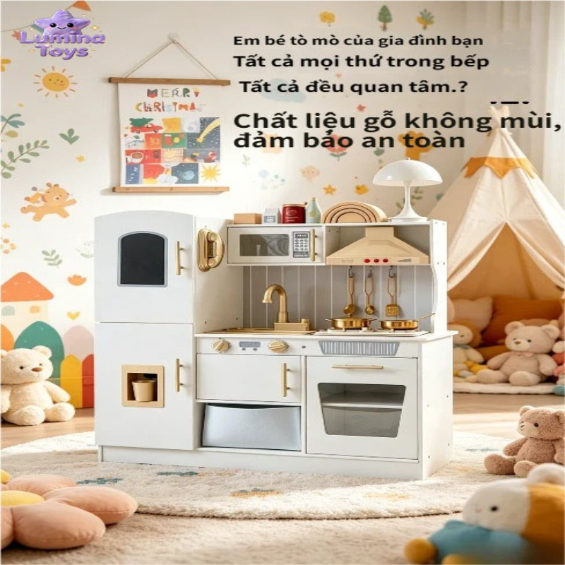 Đồ chơi bếp gỗ tự nhiên bộ đầy đủ tủ lạnh lò nướng có đèn sáng, kích thước 79x30x90cm, an toàn cho bé
