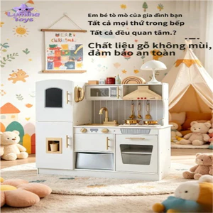 Đồ chơi bếp gỗ tự nhiên bộ đầy đủ tủ lạnh lò nướng có đèn sáng, kích thước 79x30x90cm, an toàn cho bé