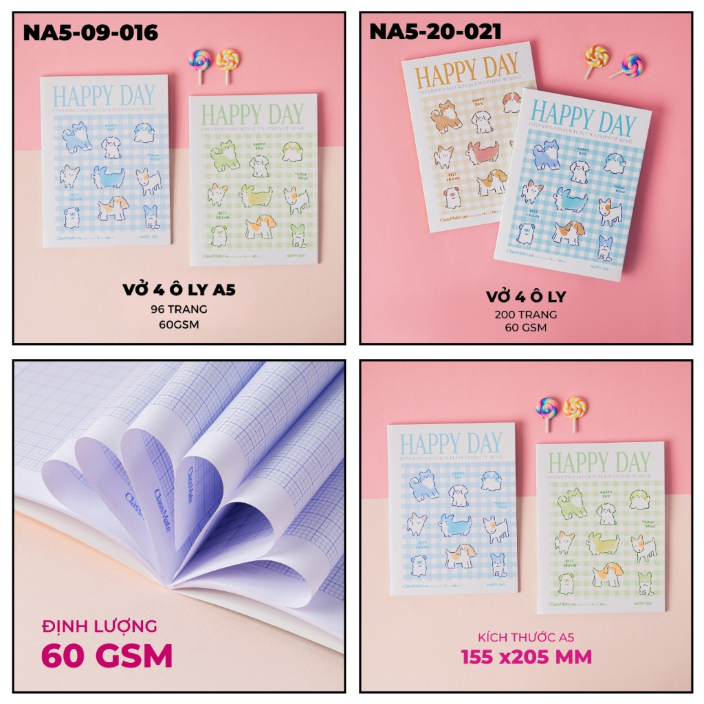 Combo 2/5 Tập Vở Happy Day Classmate Bìa Chống Nước, Giấy Ăn Mực, Vở Kẻ Ngang B5, Tập Học Sinh Miền Nam 4 Ô Ly A5