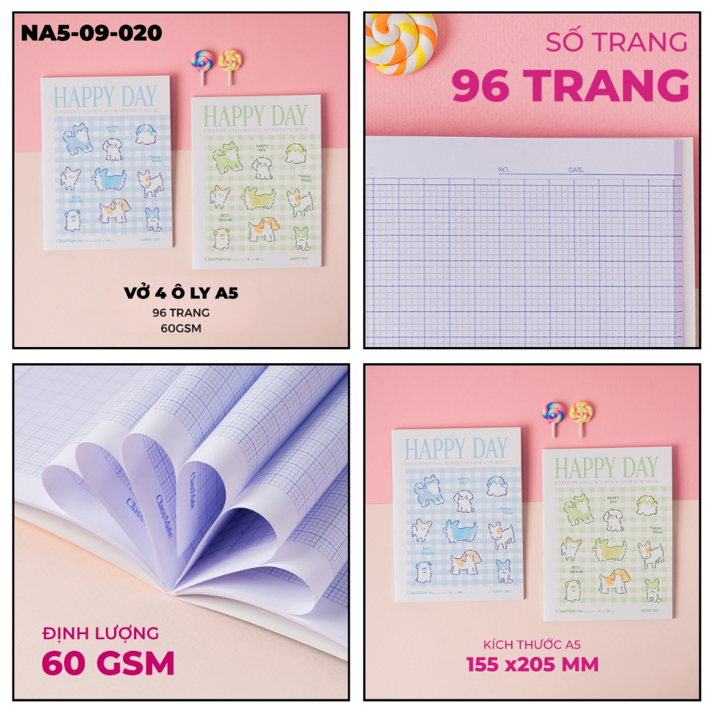 Combo 2/5 Tập Vở Happy Day Classmate Bìa Chống Nước, Giấy Ăn Mực, Vở Kẻ Ngang B5, Tập Học Sinh Miền Nam 4 Ô Ly A5