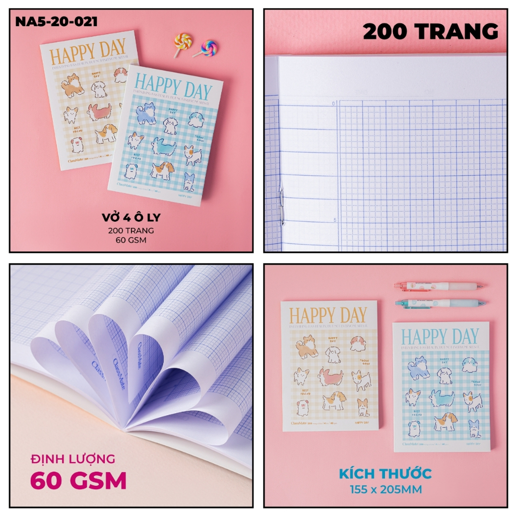 Combo 2/5 Tập Vở Happy Day Classmate Bìa Chống Nước, Giấy Ăn Mực, Vở Kẻ Ngang B5, Tập Học Sinh Miền Nam 4 Ô Ly A5