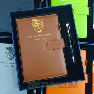 Bộ sản phẩm sổ da và bút viết có hộp đựng quà in logo theo yêu cầu