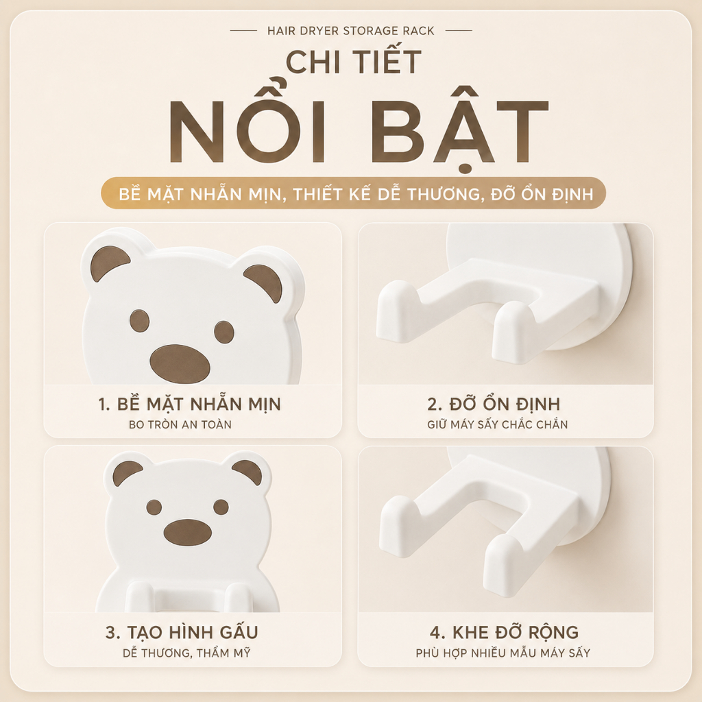 Giá Đỡ Máy Sấy Tóc Dán Tường, Kệ Để Đồ Phòng Tắm Hình Gấu Bằng Nhựa ABS