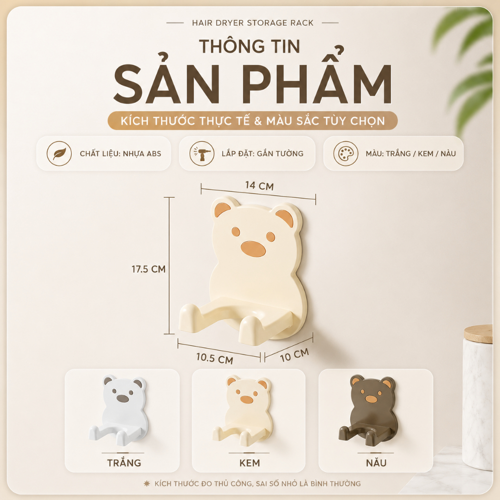 Giá Đỡ Máy Sấy Tóc Dán Tường, Kệ Để Đồ Phòng Tắm Hình Gấu Bằng Nhựa ABS