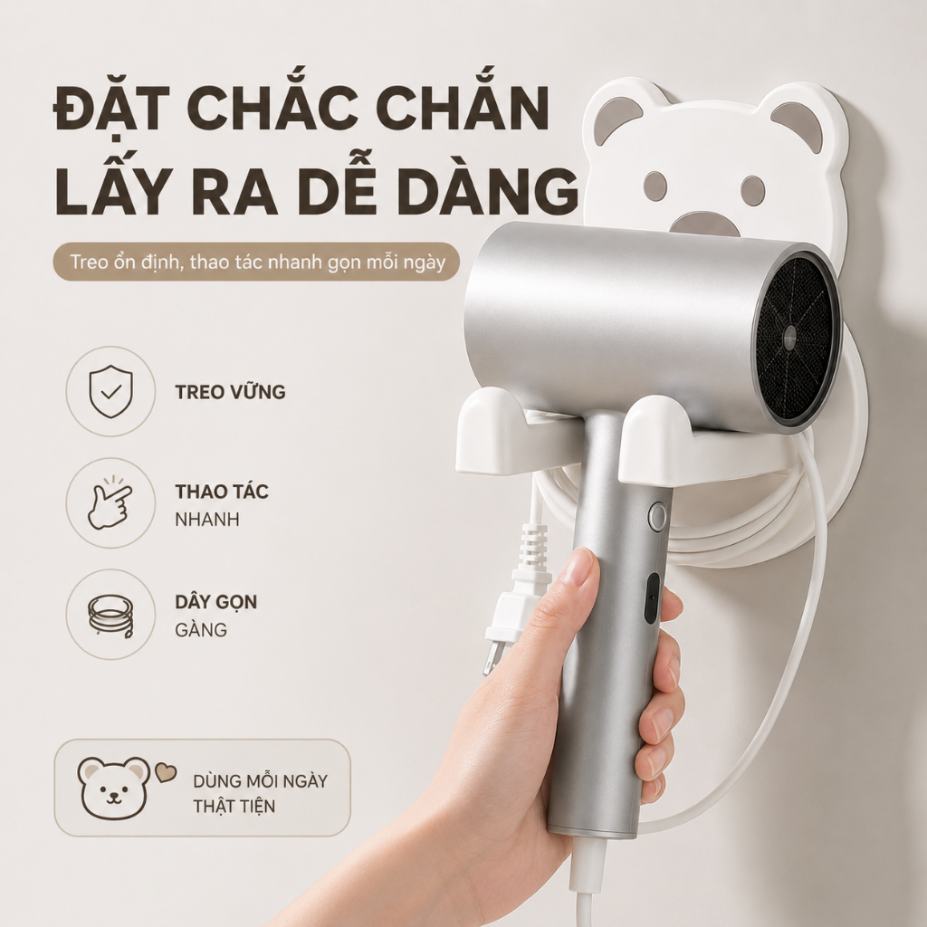 Giá Đỡ Máy Sấy Tóc Dán Tường, Kệ Để Đồ Phòng Tắm Hình Gấu Bằng Nhựa ABS