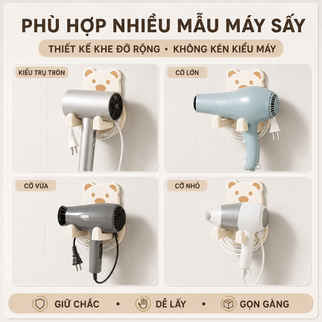 Giá Treo Máy Sấy Tóc Dán Tường Nhà Tắm, Kệ Đỡ Máy Sấy Tóc Có Ngăn Để Đồ Tiện Lợi