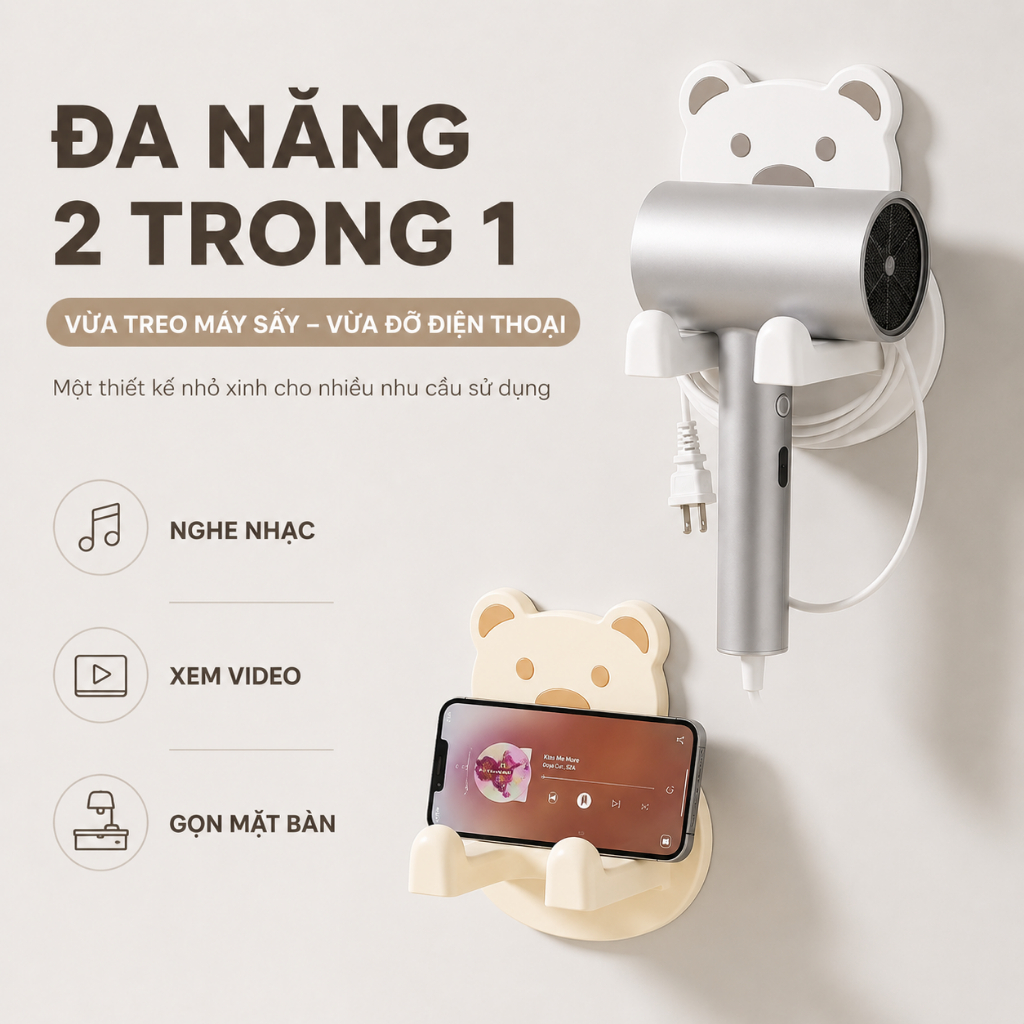 Giá Đỡ Máy Sấy Tóc Dán Tường, Kệ Để Đồ Phòng Tắm Hình Gấu Bằng Nhựa ABS