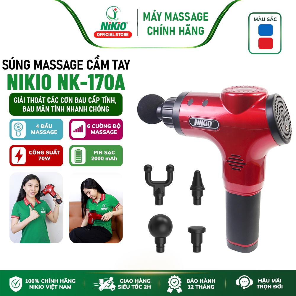 Súng máy massage cầm tay Nhật Bản Nikio NK-170A - 4 đầu, 6 cường độ massage - Màu Xanh