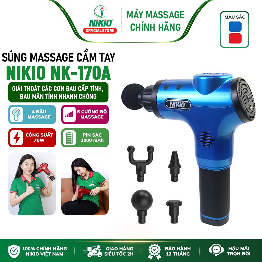 Súng máy massage cầm tay Nhật Bản Nikio NK-170A - 4 đầu, 6 cường độ massage - Màu Xanh
