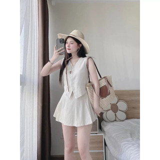 Set bộ đầm gile phối chân váy xếp ly ngắn chất thô đũi thoáng mát phong cách Hàn Quốc HCOM25889