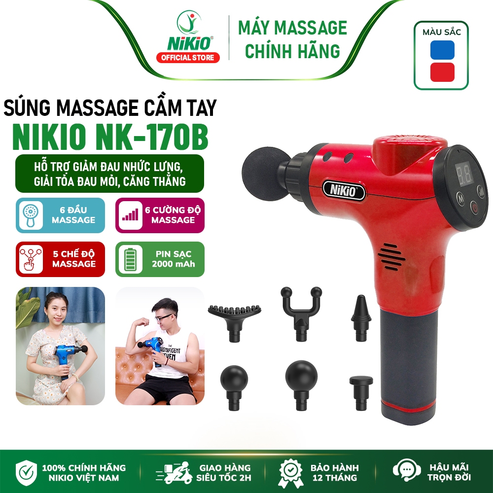 Súng massage cầm tay Nhật Bản Nikio NK-170B - 6 đầu, 5 chế độ mát xa - Màu Đỏ