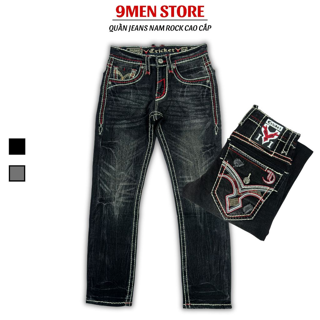 Quần Jeans Đen Rock Dài Nam Thêu Chỉ Trắng - Vải Jeans Denim Cao Cấp Co Giãn Nhẹ Form Slim Suông D01