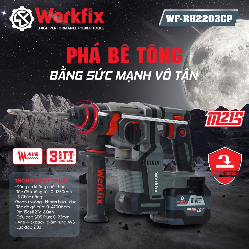 Máy Khoan Bê Tông Dùng Pin WORKFIX WF-RH2203CP, Có chống rung AVS, Có chống lật Anti_kickback