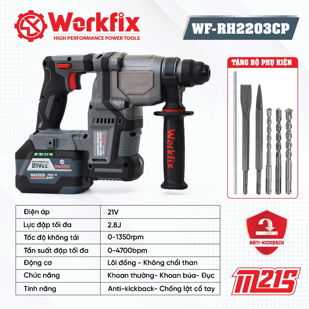 Máy Khoan Bê Tông Dùng Pin WORKFIX WF-RH2203CP, Có chống rung AVS, Có chống lật Anti_kickback