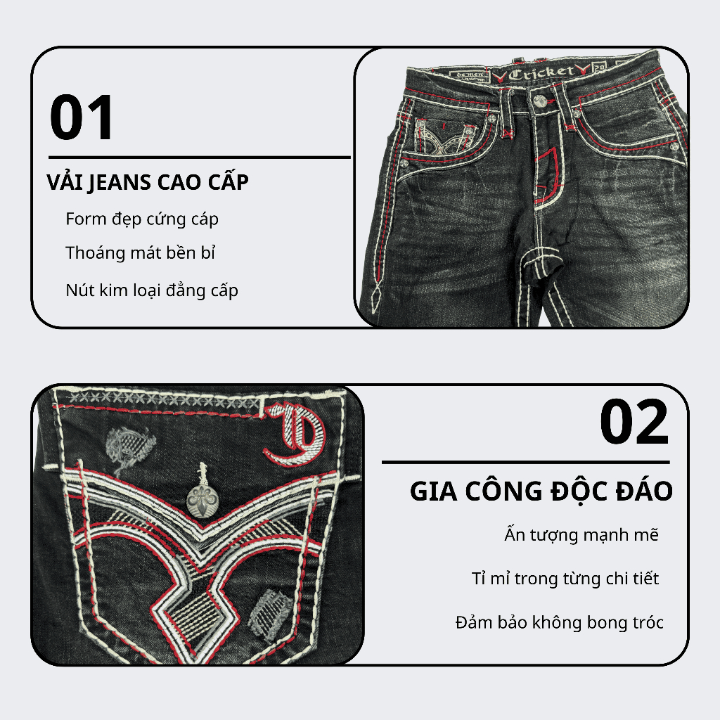 Quần Jeans Đen Rock Dài Nam Thêu Chỉ Trắng - Vải Jeans Denim Cao Cấp Co Giãn Nhẹ Form Slim Suông D01