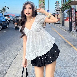 (HAVANA) Áo babydoll LONA cổ V tay bồng dáng xòe AO935