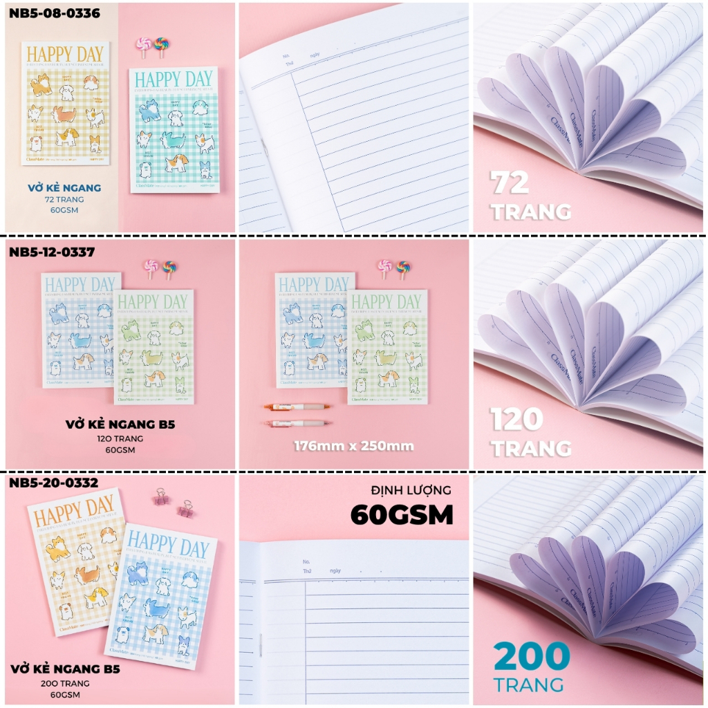 Combo 2/5 Tập Vở Happy Day Classmate Bìa Chống Nước, Giấy Ăn Mực, Vở Kẻ Ngang B5, Tập Học Sinh Miền Nam 4 Ô Ly A5